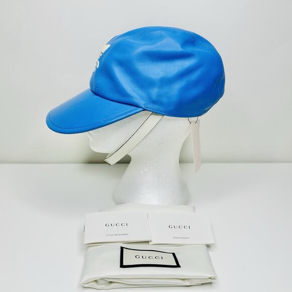 NWT Gucci x Adidas Blue Leather Logo Baseball Cap Hat L 58cm Removable Strap - Picture 6 of 12